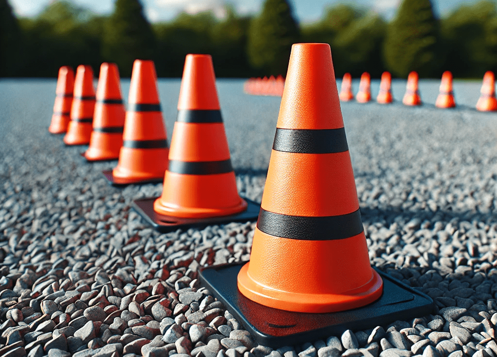 cones on gravel yard.